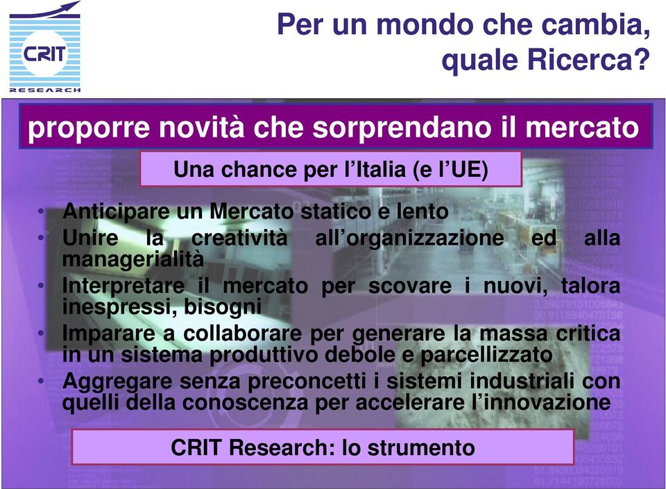 creatività all organizzazione ed alla managerialità Interpretare il mercato per scovare i nuovi, talora inespressi, bisogni