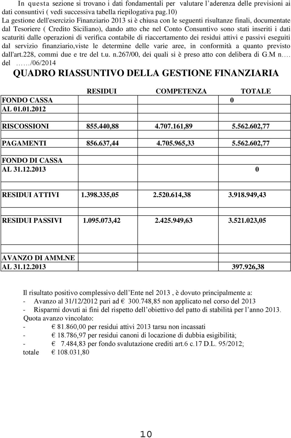 i dati scaturiti dalle operazioni di verifica contabile di riaccertamento dei residui attivi e passivi eseguiti dal servizio finanziario,viste le determine delle varie aree, in conformità a quanto