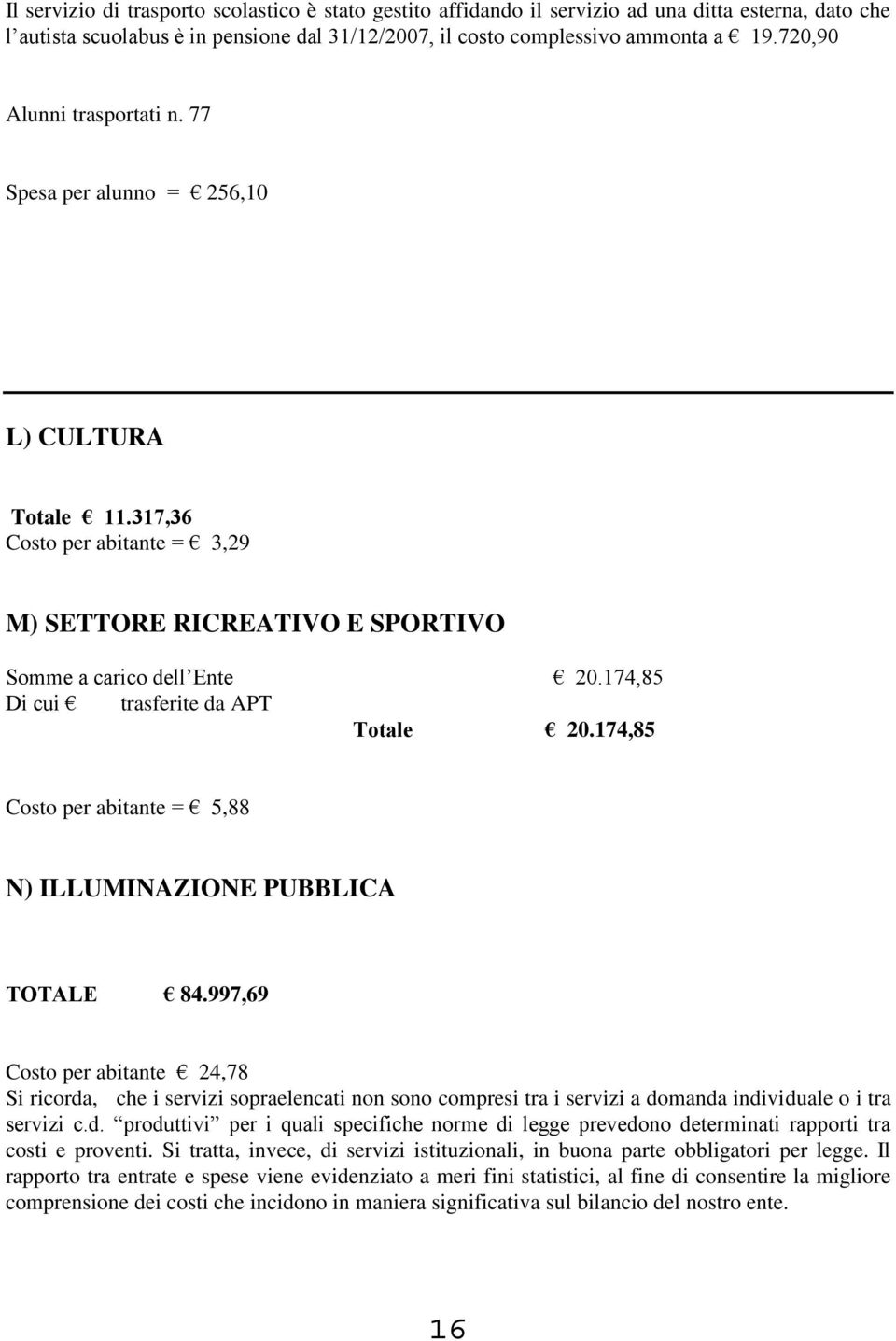 174,85 Di cui trasferite da APT Totale 20.174,85 Costo per abitante = 5,88 N) ILLUMINAZIONE PUBBLICA TOTALE 84.