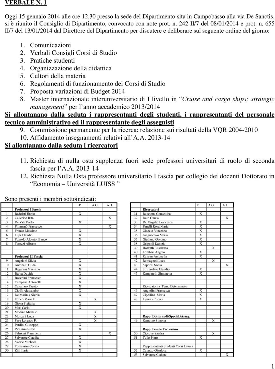 Verbali Consigli Corsi di Studio 3. Pratiche studenti 4. Organizzazione della didattica 5. Cultori della materia 6. Regolamenti di funzionamento dei Corsi di Studio 7.