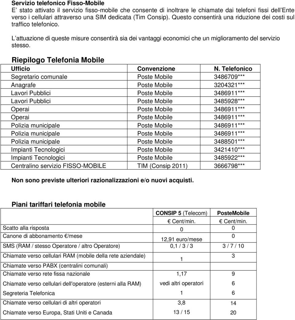 Riepilogo Telefonia Mobile Ufficio Convenzione N.