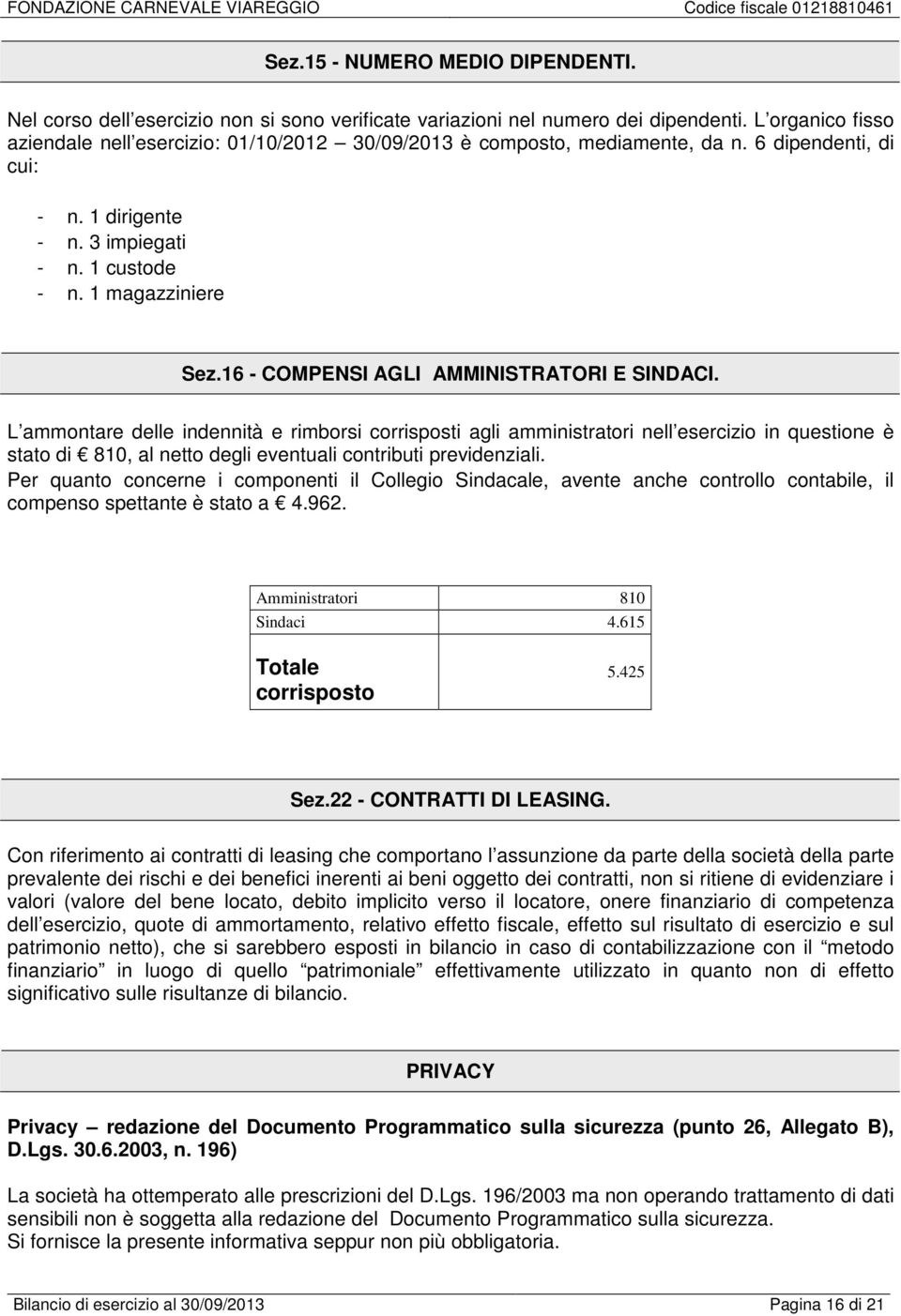 16 - COMPENSI AGLI AMMINISTRATORI E SINDACI.