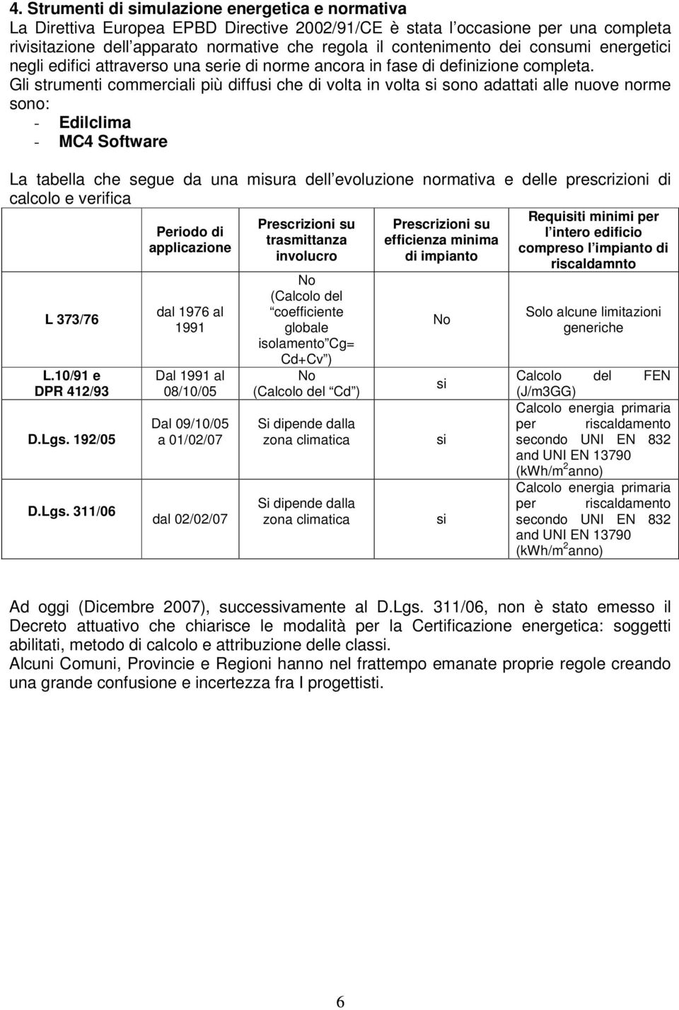 Gli strumenti commerciali più diffusi che di volta in volta si sono adattati alle nuove norme sono: - Edilclima - MC4 Software La tabella che segue da una misura dell evoluzione normativa e delle