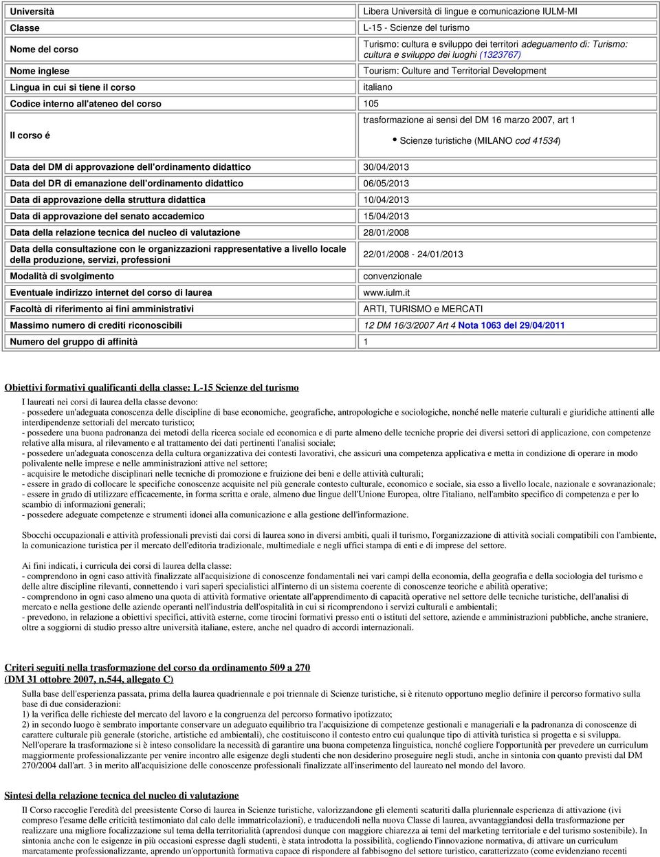 16 marzo 2007, art 1 Scienze turistiche (MILANO cod 41534) Data del DM di approvazione dell'ordinamento didattico 30/04/2013 Data del DR di emanazione dell'ordinamento didattico 06/05/2013 Data di