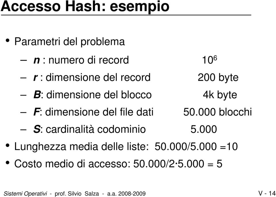 000 blocchi S: cardinalità codominio 5.000 Lunghezza media delle liste: 50.000/5.