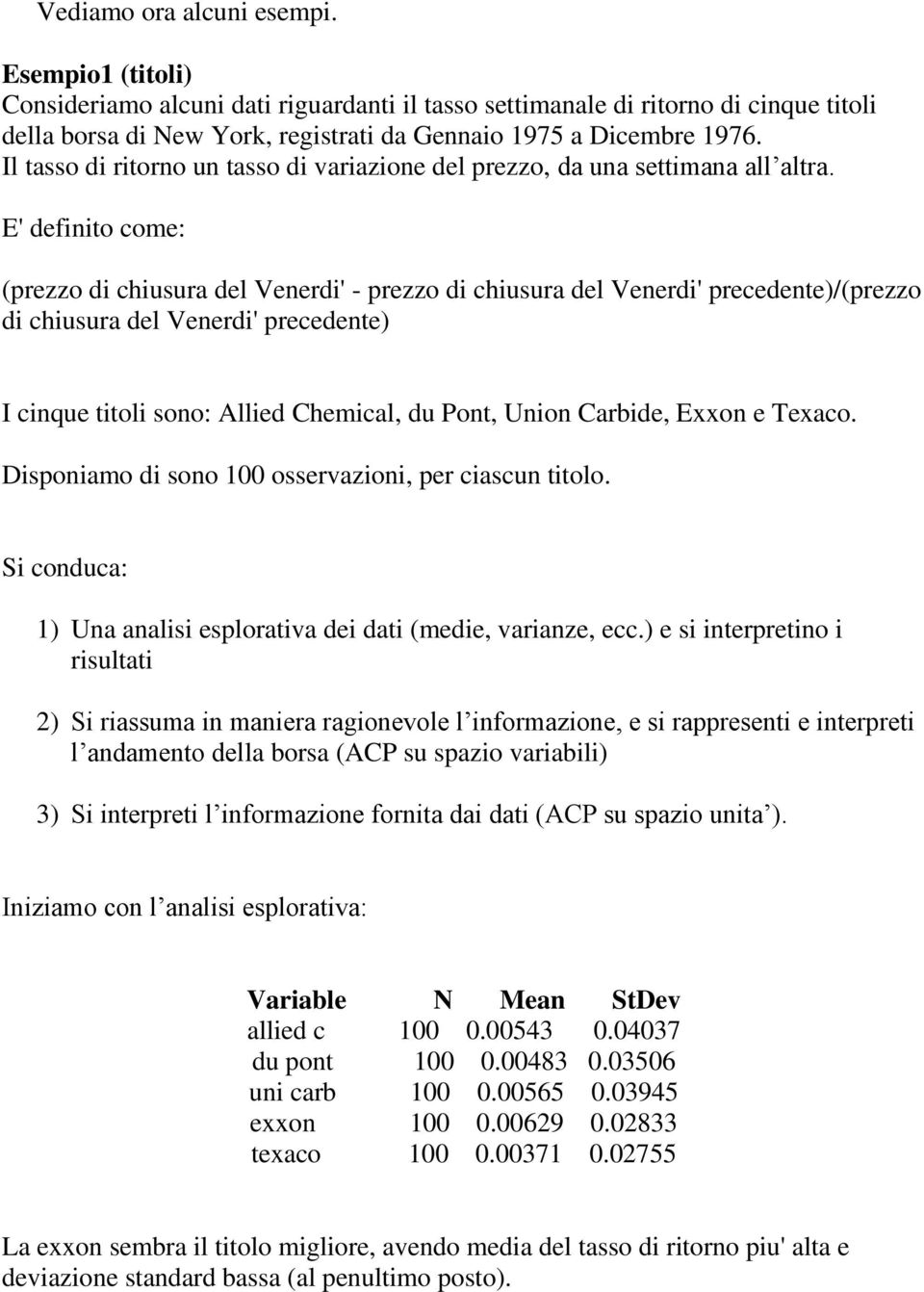 E' definito come: (prezzo di chiusura del Venerdi' - prezzo di chiusura del Venerdi' precedente)/(prezzo di chiusura del Venerdi' precedente) I cinque titoli sono: Allied Chemical, du Pont, Union