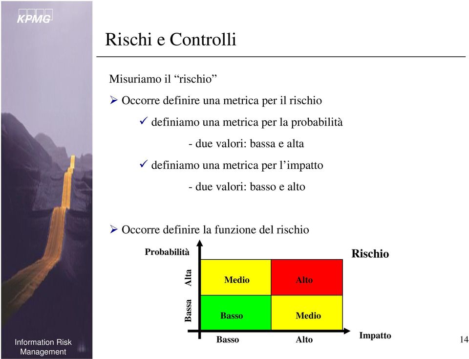 definiamo una metrica per l impatto - due valori: basso e alto Occorre definire la