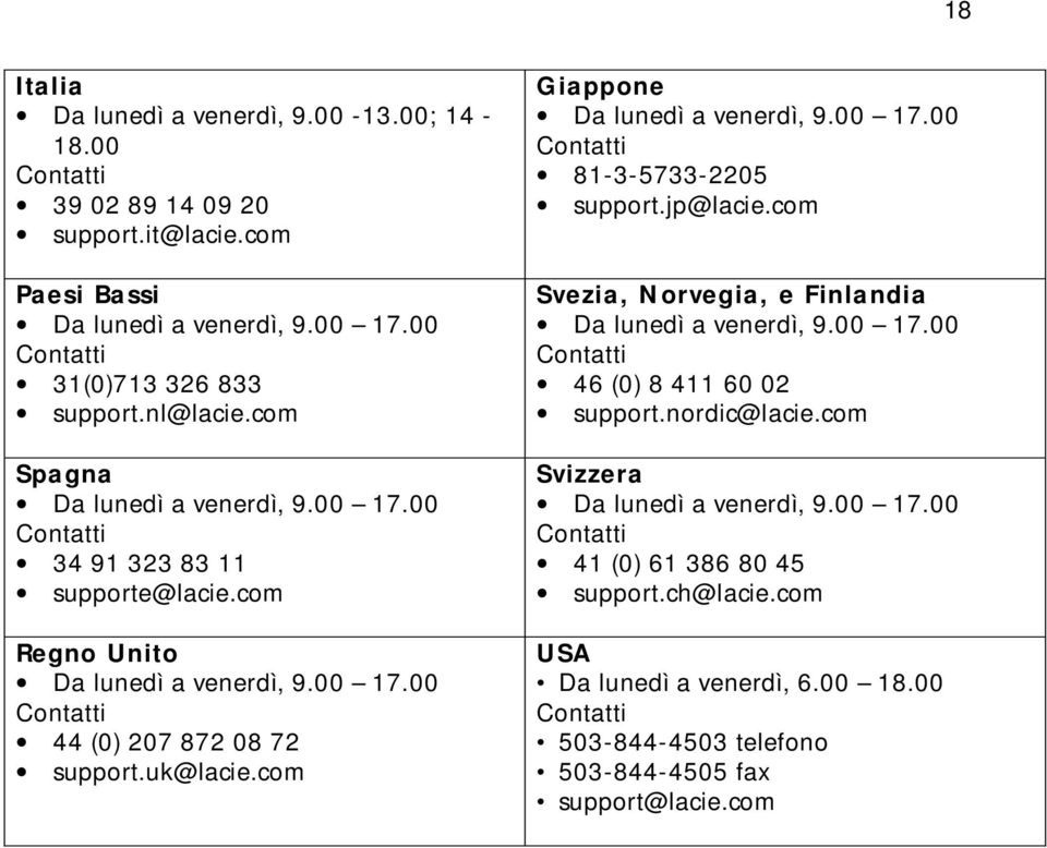 com Giappone Da lunedì a venerdì, 9.00 17.00 81-3-5733-2205 support.jp@lacie.com Svezia, Norvegia, e Finlandia Da lunedì a venerdì, 9.00 17.00 46 (0) 8 411 60 02 support.