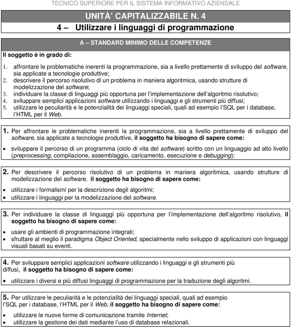 descrivere il percorso risolutivo di un problema in maniera algoritmica, usando strutture di modelizzazione del software; 3.