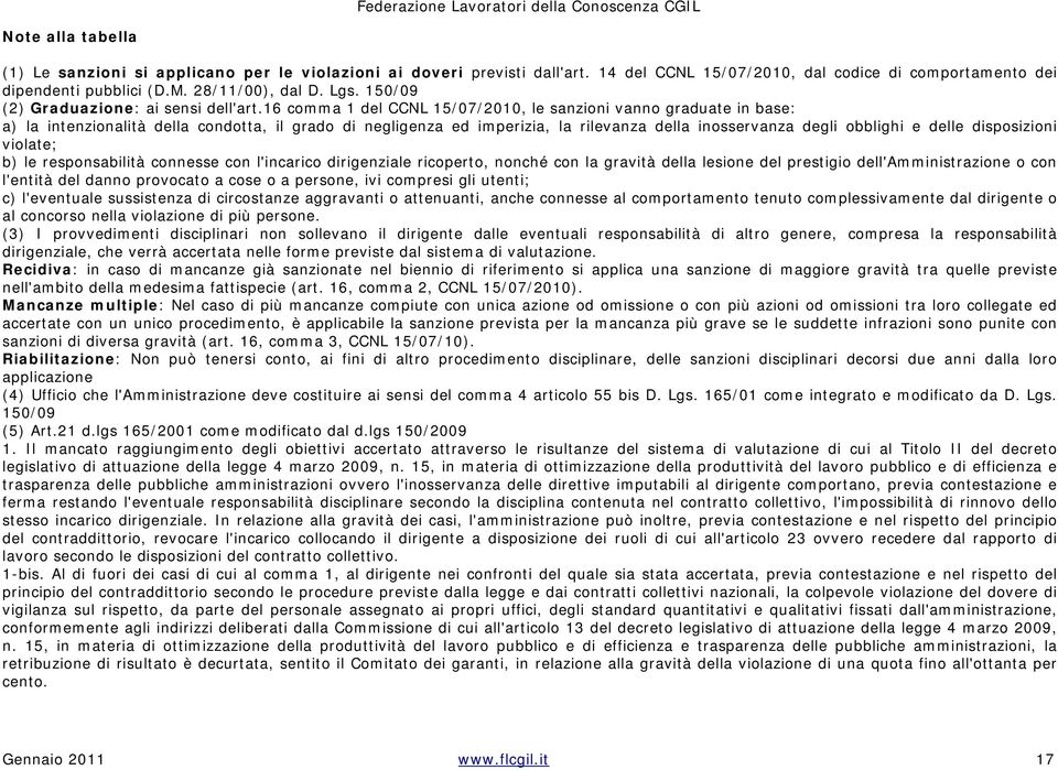 16 comma 1 del CCNL 15/07/2010, le sanzioni vanno graduate in base: a) la intenzionalità della condotta, il grado di negligenza ed imperizia, la rilevanza della inosservanza degli obblighi e delle