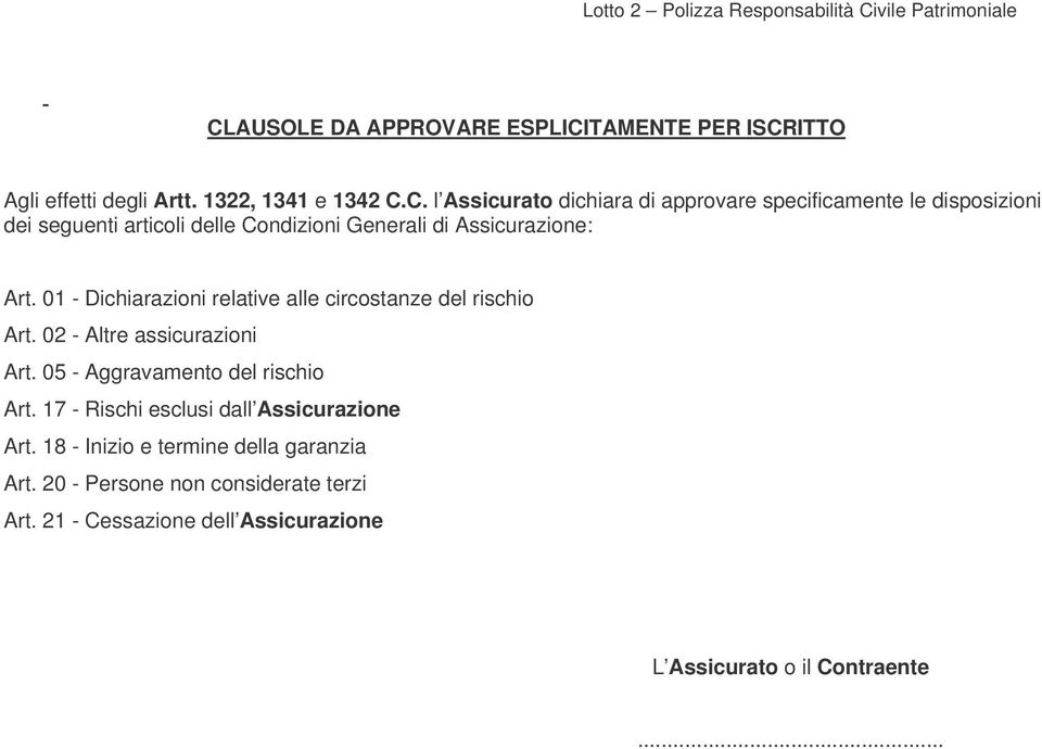 17 - Rischi esclusi dall Assicurazione Art. 18 - Inizio e termine della garanzia Art. 20 - Persone non considerate terzi Art.