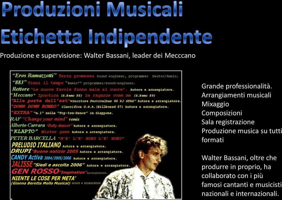 Arrangiamenti musicali Mixaggio Composizioni Sala registrazione Produzione