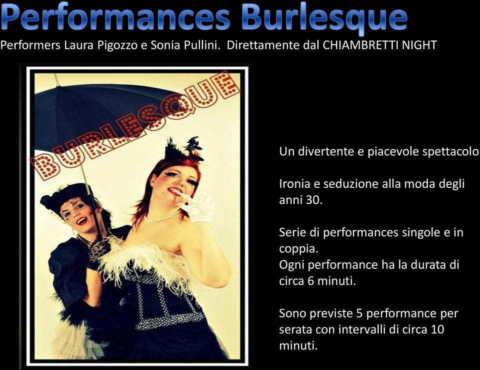 seduzione alla moda degli anni 30. Serie di performances singole e in coppia.