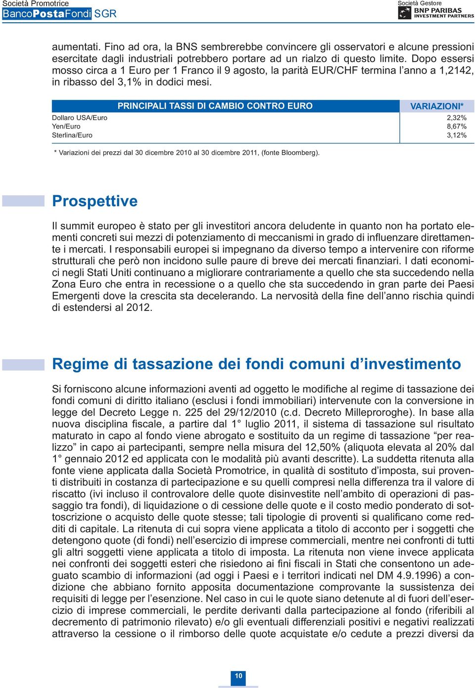 PRINCIPALI TASSI DI CAMBIO CONTRO EURO VARIAZIONI* Dollaro USA/Euro 2,32% Yen/Euro 8,67% Sterlina/Euro 3,12% * Variazioni dei prezzi dal 30 dicembre 2010 al 30 dicembre 2011, (fonte Bloomberg).