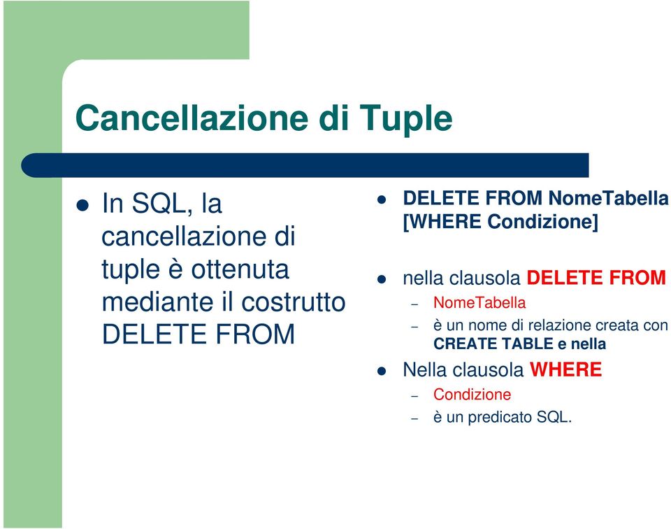 Condizione] nella clausola DELETE FROM NomeTabella è un nome di