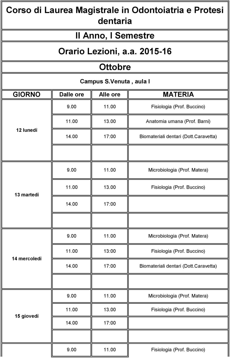 Venuta, aula I GIORNO Dalle ore Alle ore MATERIA 12 lunedì 9.00 11.