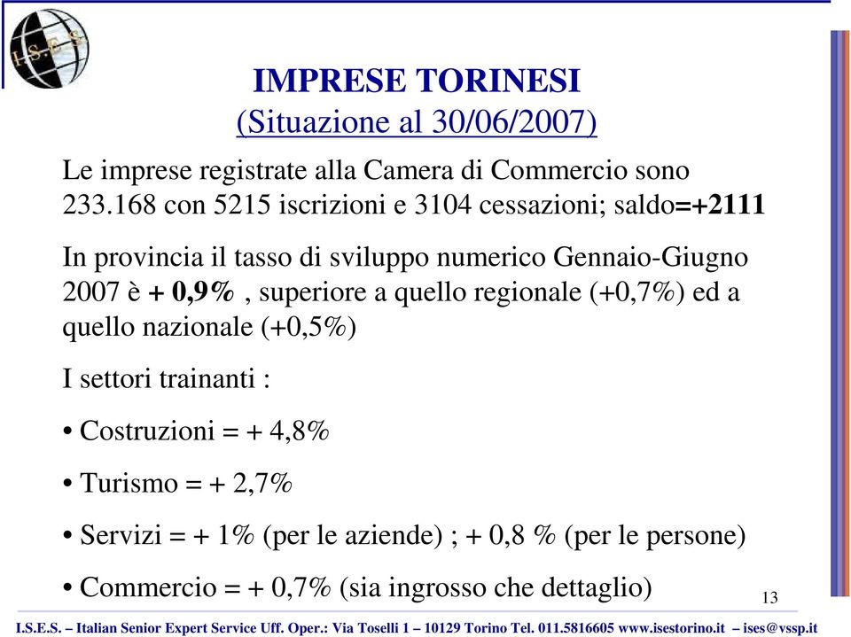 2007 è + 0,9%, superiore a quello regionale (+0,7%) ed a quello nazionale (+0,5%) I settori trainanti : Costruzioni