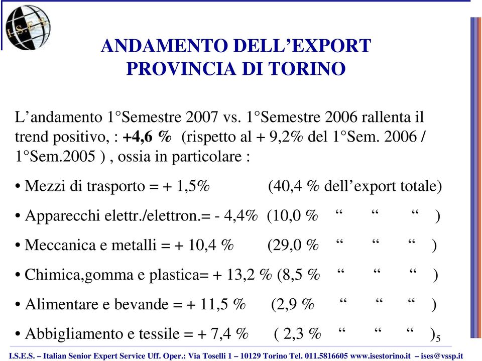 2005 ), ossia in particolare : Mezzi di trasporto = + 1,5% (40,4 % dell export totale) Apparecchi elettr.