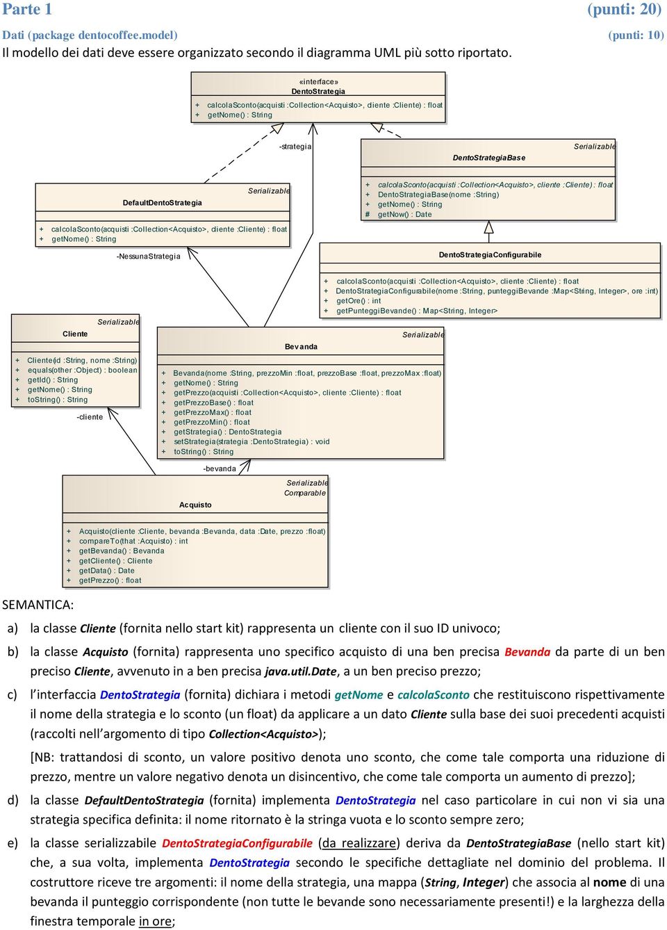 :String, nome :String) + equals(other :Object) : boolean + getid() : String + tostring() : String -cliente Bev anda + Bevanda(nome :String, prezzomin :float, prezzobase :float, prezzomax :float) +