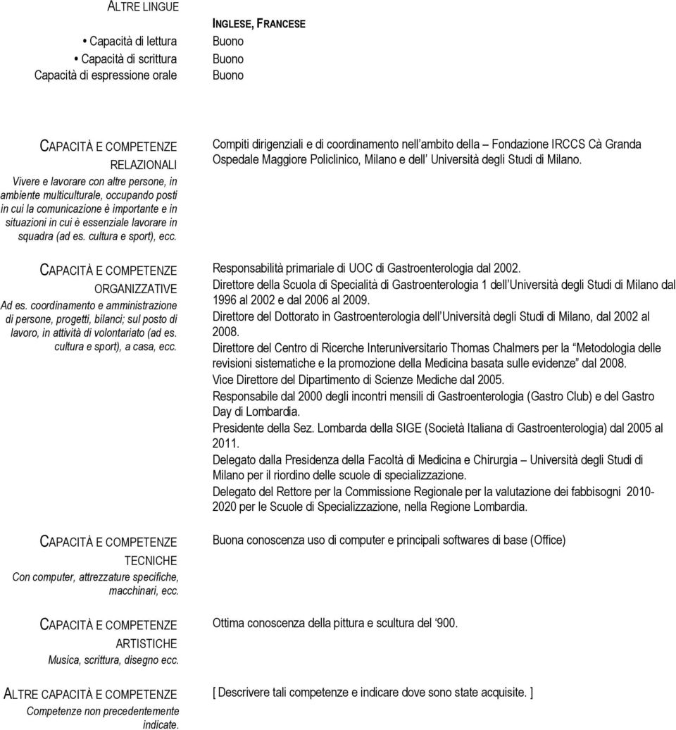 coordinamento e amministrazione di persone, progetti, bilanci; sul posto di lavoro, in attività di volontariato (ad es. cultura e sport), a casa, ecc.