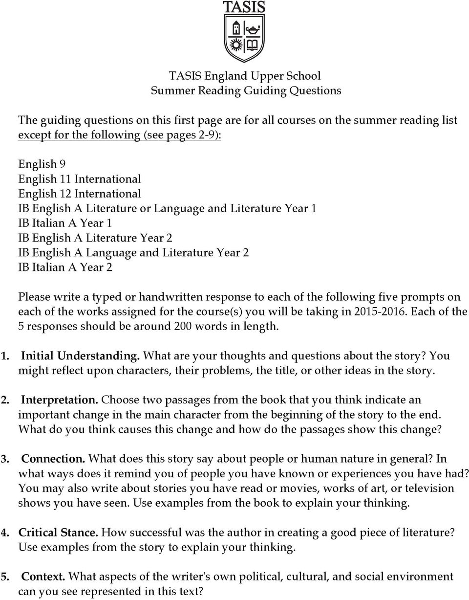 Please write a typed or handwritten response to each of the following five prompts on each of the works assigned for the course(s) you will be taking in 2015-2016.