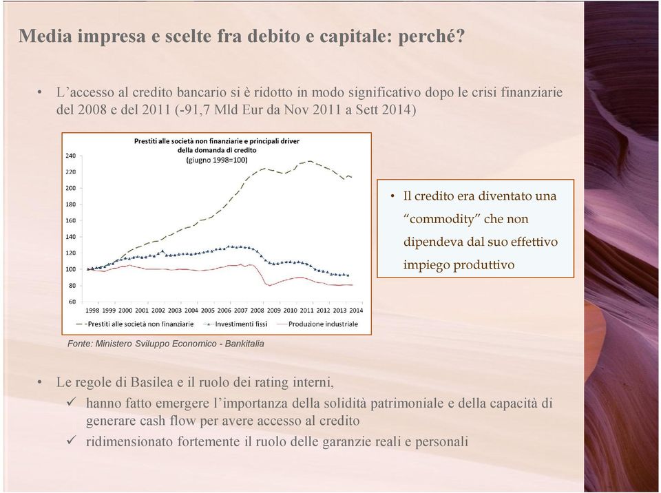 2014) Il credito era diventato una commodity che non dipendeva dal suo effettivo impiego produttivo Fonte: Ministero Sviluppo Economico - Bankitalia