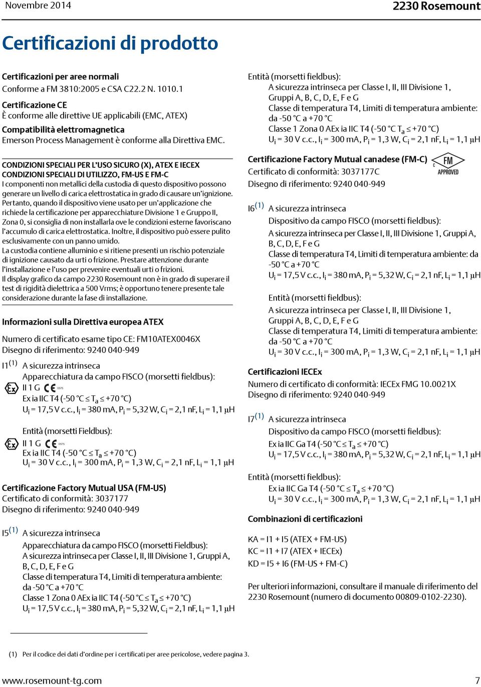 CONDIZIONI SPECIALI PER L USO SICURO (X), ATEX E IECEX CONDIZIONI SPECIALI DI UTILIZZO, FM-US E FM-C I componenti non metallici della custodia di questo dispositivo possono generare un livello di