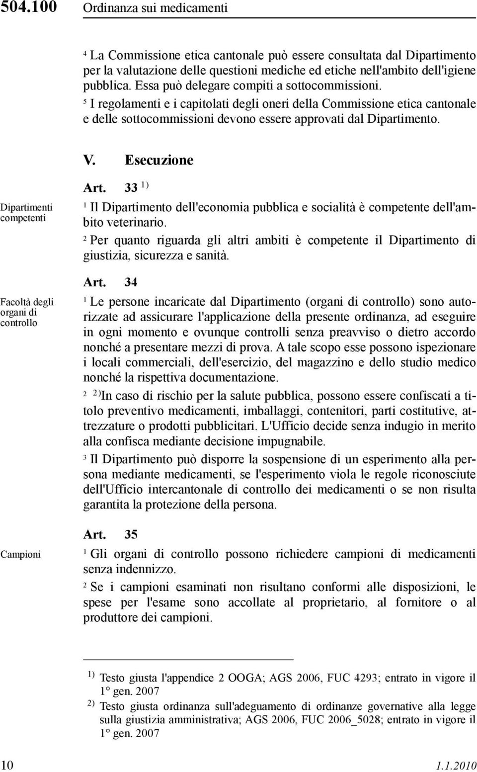 Esecuzione Dipartimenti competenti Facoltà degli organi di controllo Campioni Art. ) Il Dipartimento dell'economia pubblica e socialità è competente dell'ambito veterinario.