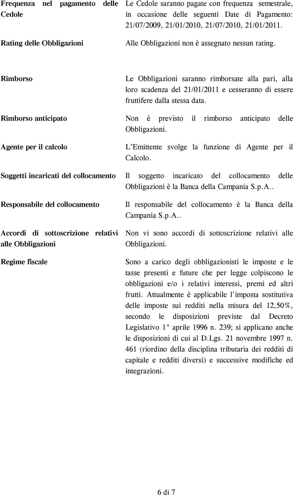 Rimborso Rimborso anticipato Agente per il calcolo Soggetti incaricati del collocamento Responsabile del collocamento Accordi di sottoscrizione relativi alle Obbligazioni Regime fiscale Le