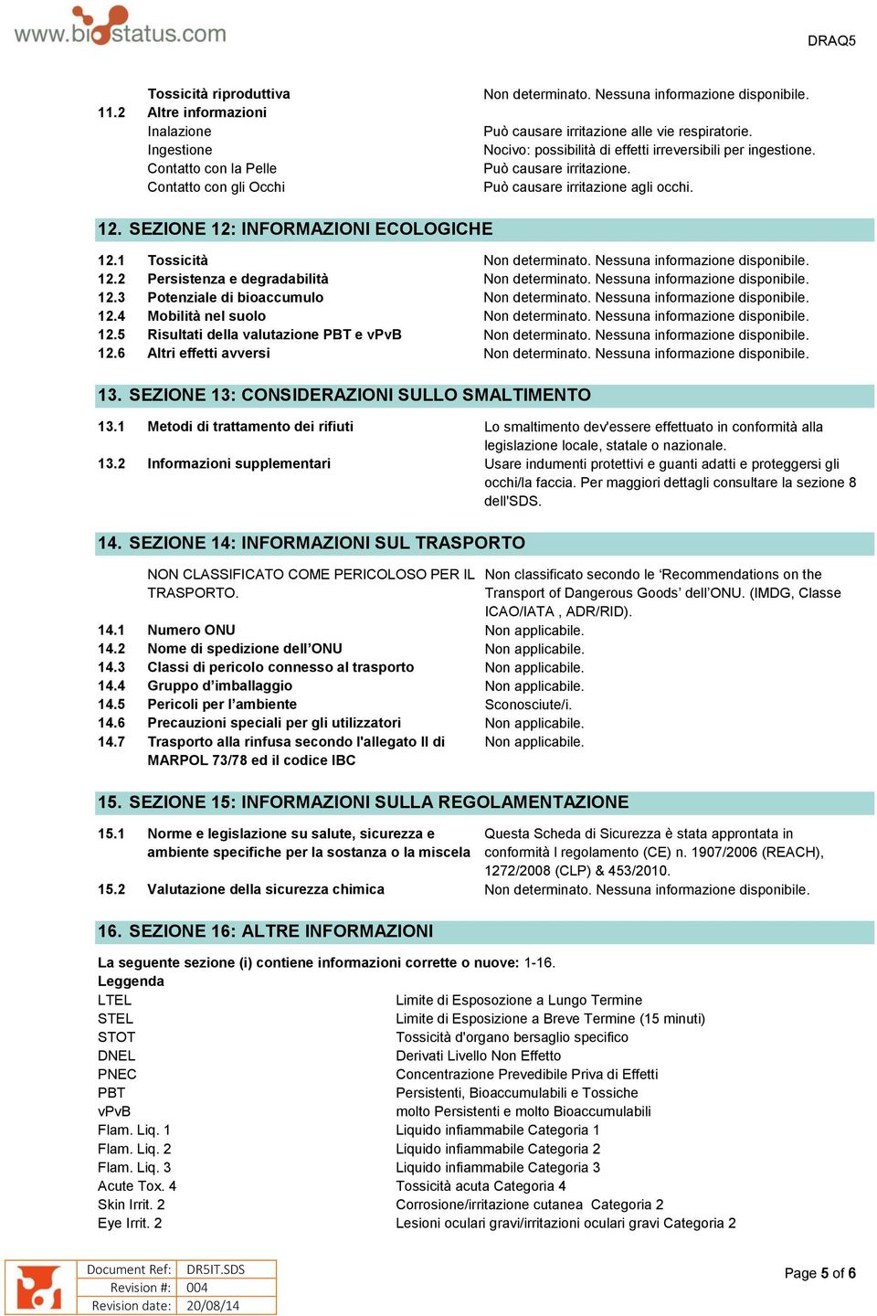 2 Persistenza e degradabilità 12.3 Potenziale di bioaccumulo 12.4 Mobilità nel suolo 12.5 Risultati della valutazione PBT e vpvb 12.6 Altri effetti avversi 13.