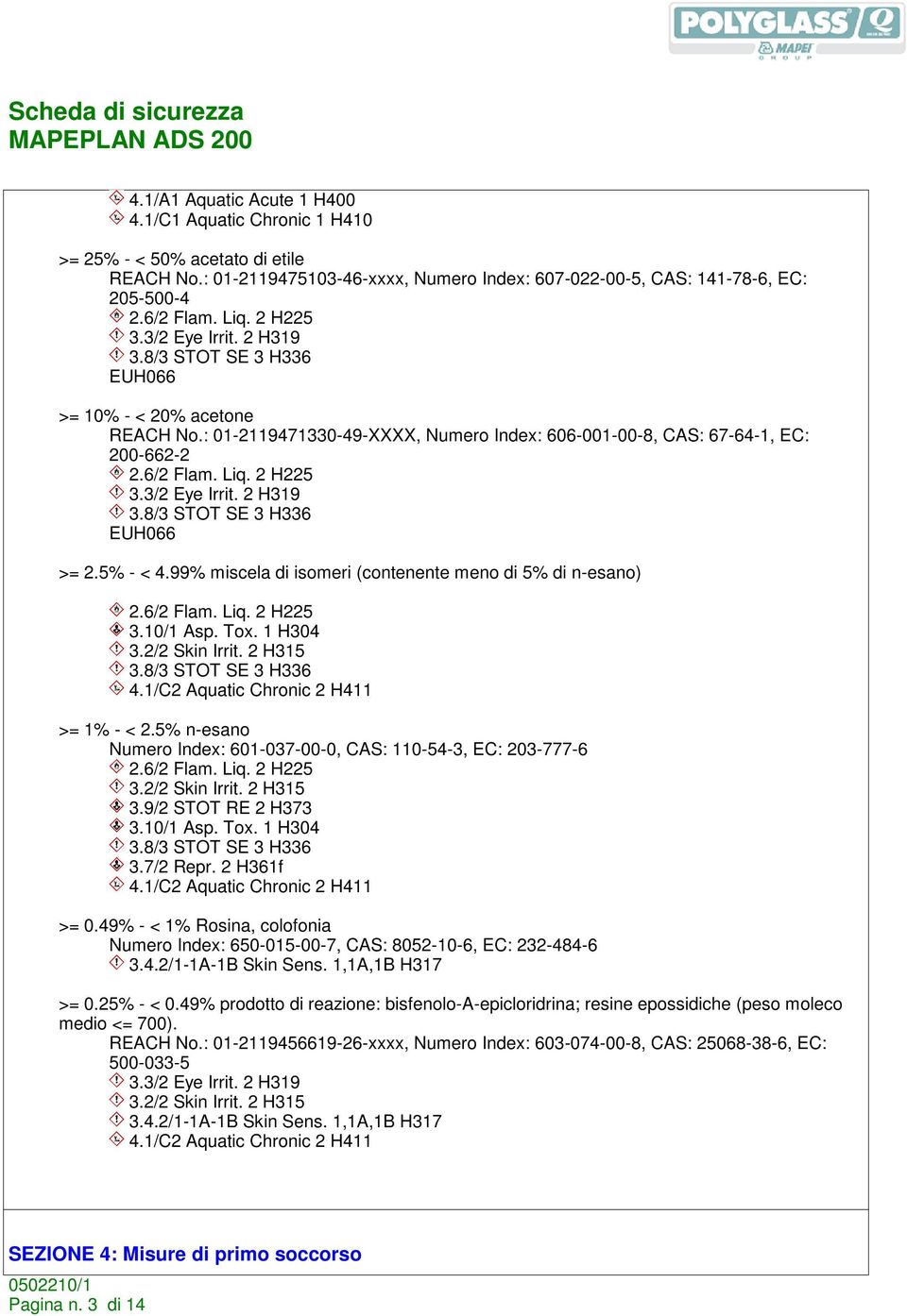 3/2 Eye Irrit. 2 H319 3.8/3 STOT SE 3 H336 EUH066 >= 2.5% - < 4.99% miscela di isomeri (contenente meno di 5% di n-esano) 2.6/2 Flam. Liq. 2 H225 3.10/1 Asp. Tox. 1 H304 3.2/2 Skin Irrit. 2 H315 3.