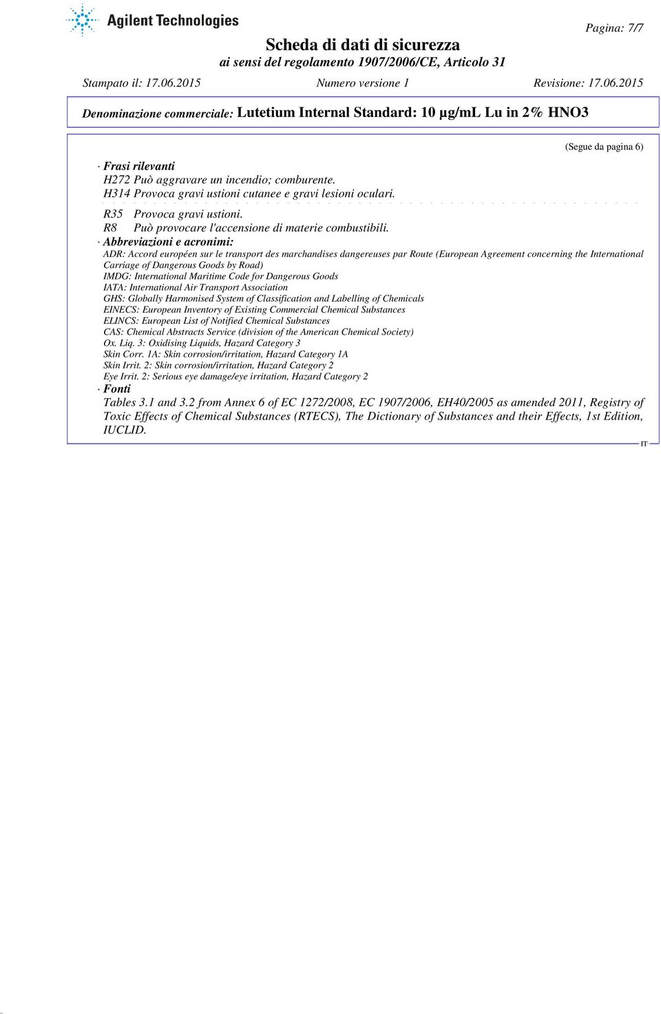 Abbreviazioni e acronimi: ADR: Accord européen sur le transport des marchandises dangereuses par Route (European Agreement concerning the International Carriage of Dangerous Goods by Road) IMDG: