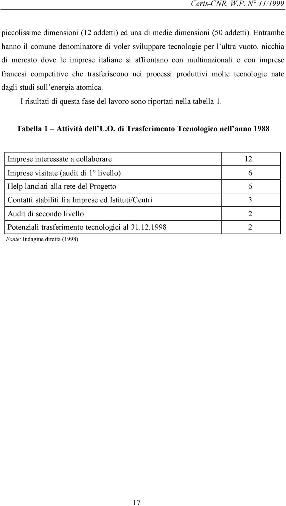 che trasferiscono nei processi produttivi molte tecnologie nate dagli studi sull energia atomica. I risultati di questa fase del lavoro sono riportati nella tabella 1. Tabella 1 Attività dell U.O.