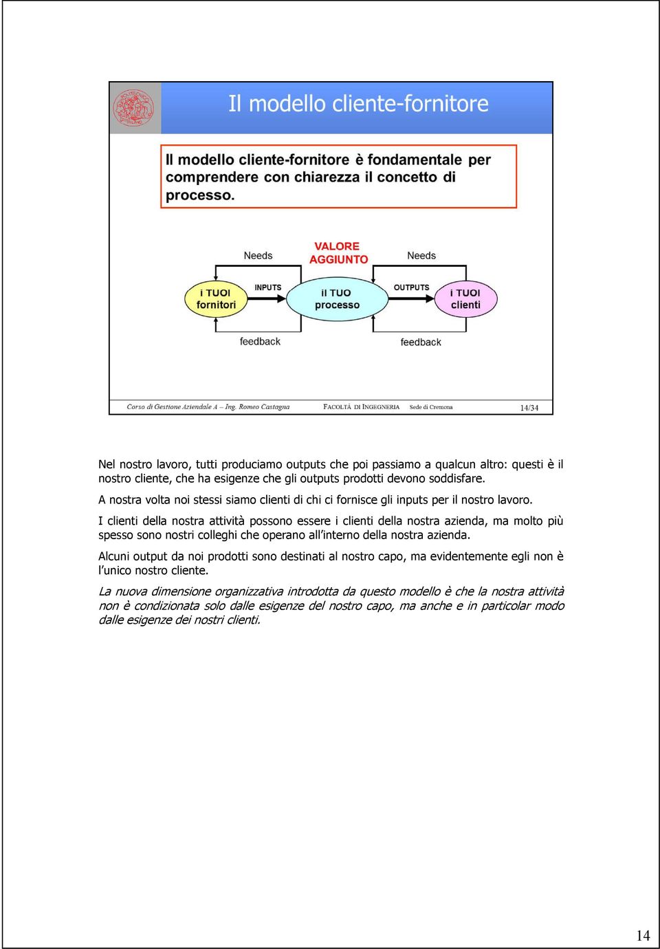 I clienti della nostra attività possono essere i clienti della nostra azienda, ma molto più spesso sono nostri colleghi che operano all interno della nostra azienda.