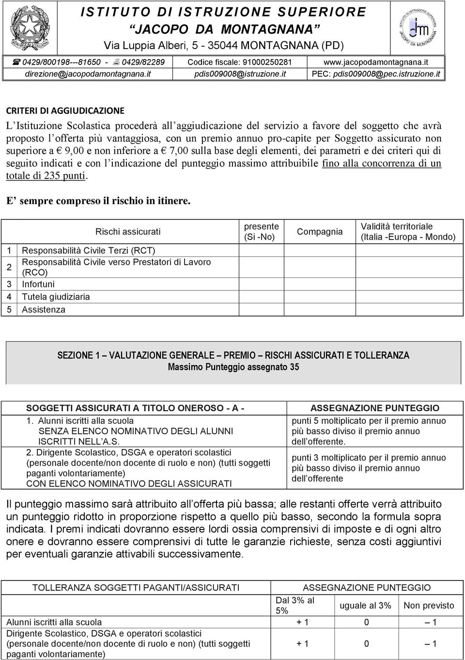 fino alla concorrenza di un totale di 235 punti. E sempre compreso il rischio in itinere.