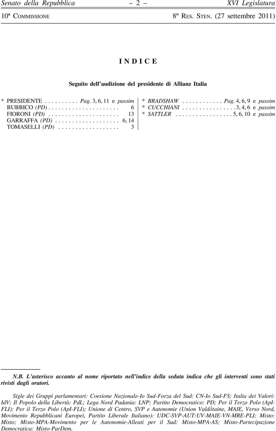 Sigle dei Gruppi parlamentari: Coesione Nazionale-Io Sud-Forza del Sud: CN-Io Sud-FS; Italia dei Valori: IdV; Il Popolo della Libertà: PdL; Lega Nord Padania: LNP; Partito Democratico: PD; Per il