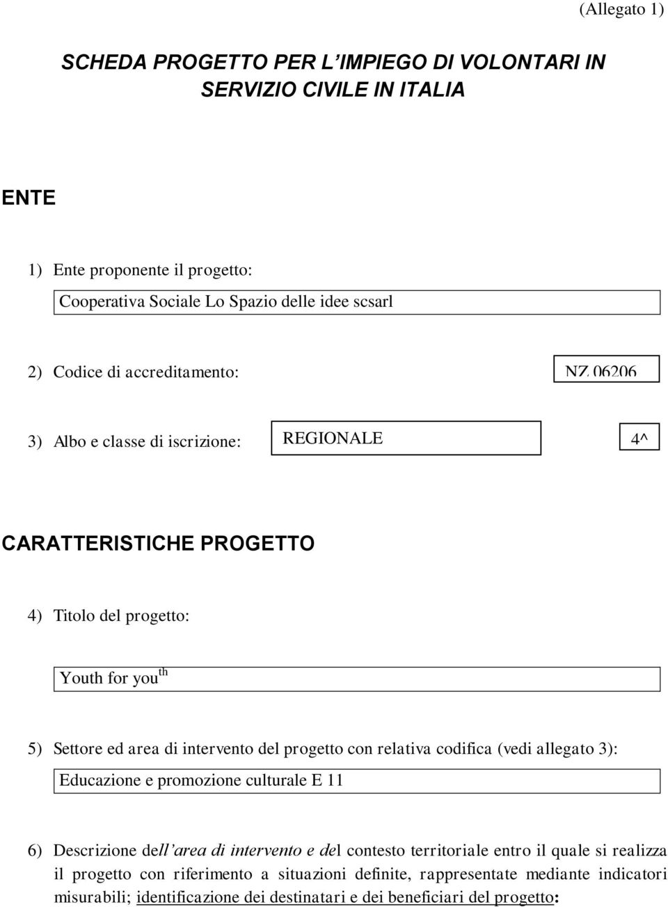 intervento del progetto con relativa codifica (vedi allegato 3): Educazione e promozione culturale E 11 6) Descrizione dell area di intervento e del contesto territoriale