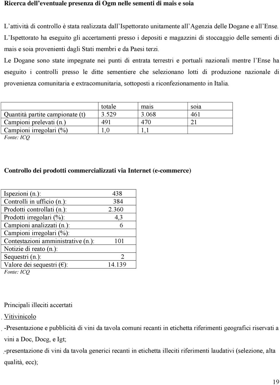 Le Dogane sono state impegnate nei punti di entrata terrestri e portuali nazionali mentre l Ense ha eseguito i controlli presso le ditte sementiere che selezionano lotti di produzione nazionale di