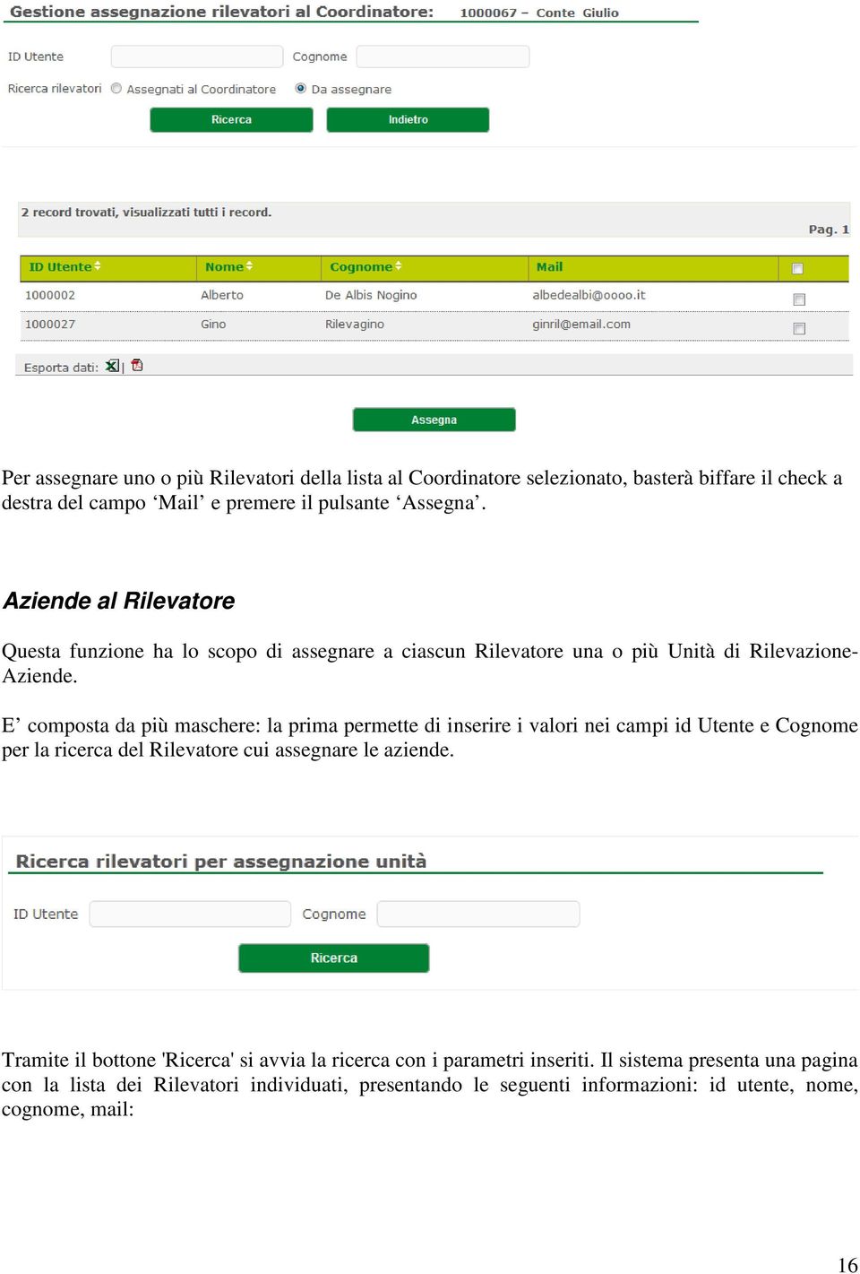 E composta da più maschere: la prima permette di inserire i valori nei campi id Utente e Cognome per la ricerca del Rilevatore cui assegnare le aziende.