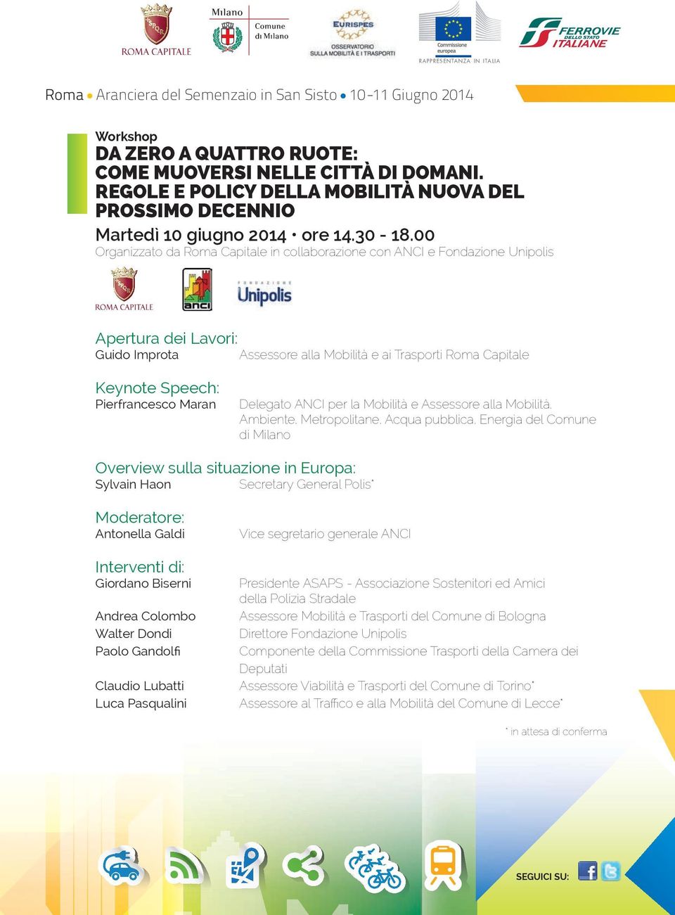 00 Organizzato da Roma Capitale in collaborazione con ANCI e Fondazione Unipolis Apertura dei Lavori: Guido Improta Assessore alla Mobilità e ai Trasporti Roma Capitale Keynote Speech: Pierfrancesco