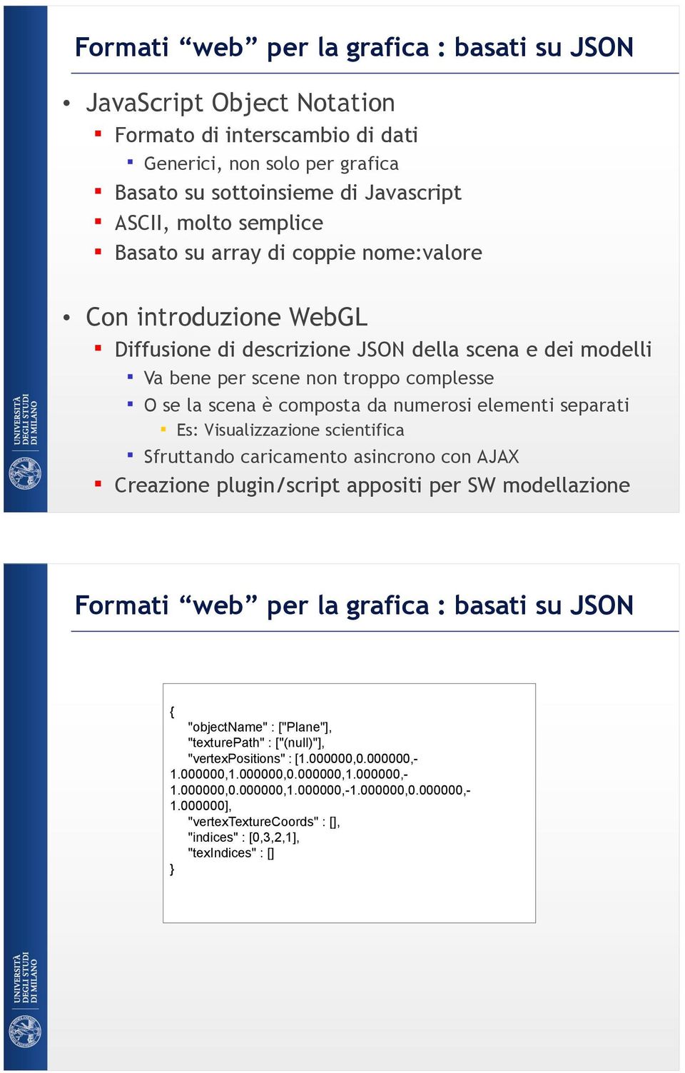 separati Es: Visualizzazione scientifica Sfruttando caricamento asincrono con AJAX Creazione plugin/script appositi per SW modellazione Formati web per la grafica : basati su JSON { "objectname" :