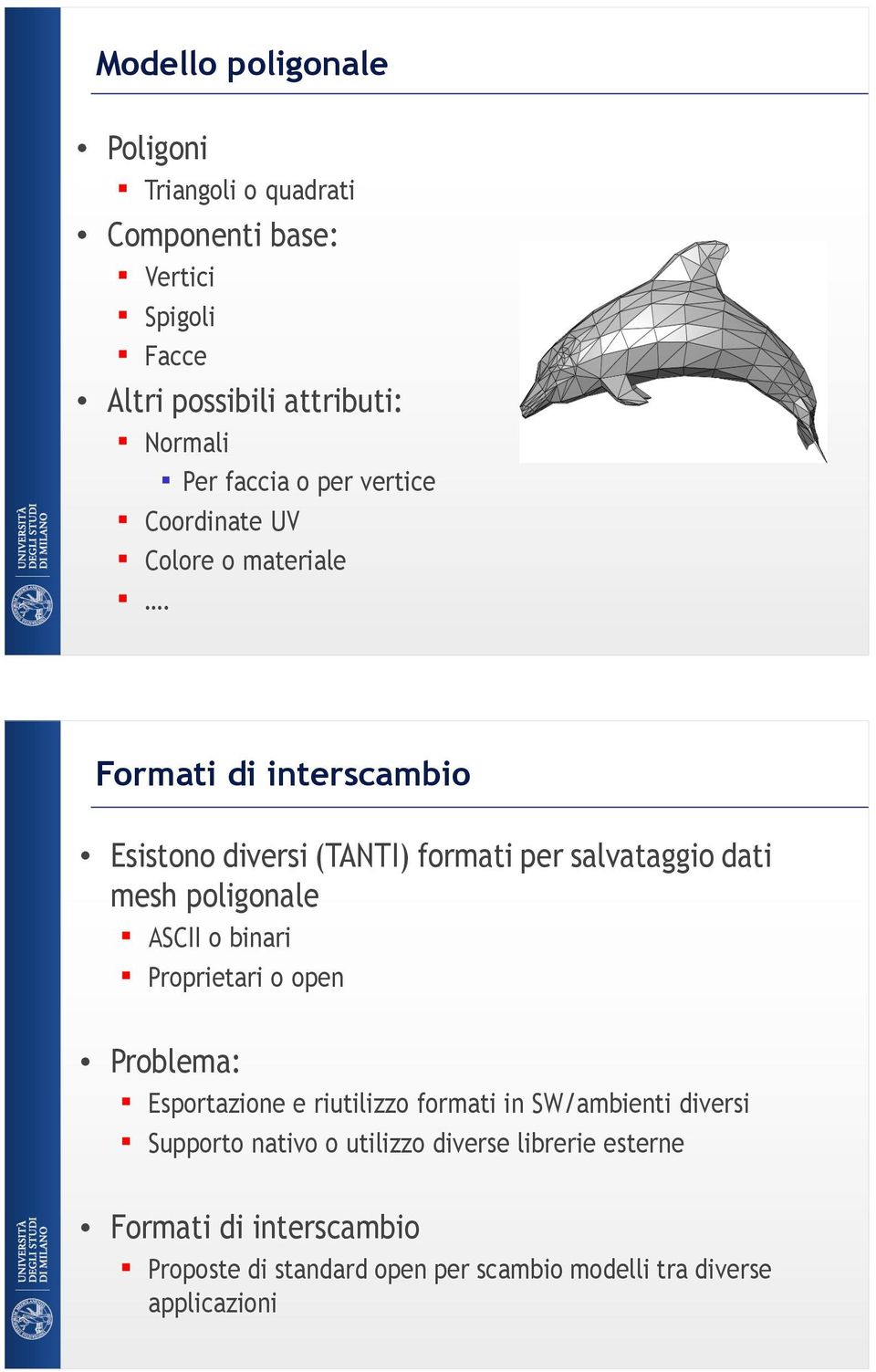 Formati di interscambio Esistono diversi (TANTI) formati per salvataggio dati mesh poligonale ASCII o binari Proprietari o open