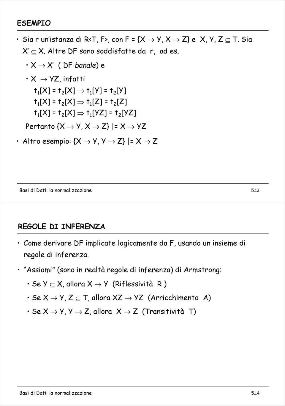 Altro esempio: {X Y, Y Z} = X Z Basi di Dati: la normalizzazione 5.