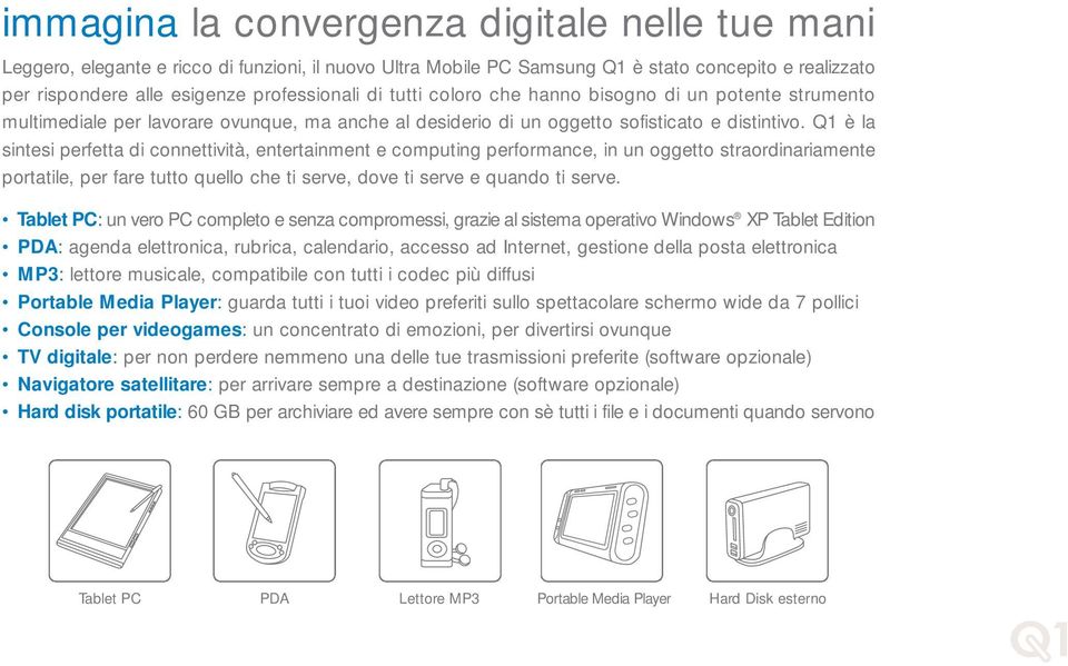 Q1 è la sintesi perfetta di connettività, entertainment e computing performance, in un oggetto straordinariamente portatile, per fare tutto quello che ti serve, dove ti serve e quando ti serve.