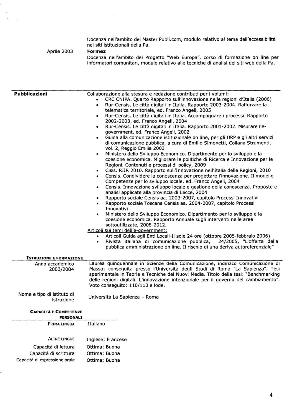 Pubblicazioni ISTRUZIONE E FORMAZIONE Anno accademico 2003/2004 Nome e tipo di istituto di istruzione Collaborazione alla stesura e redazione contributi per i volumi: CRC CNIPA.