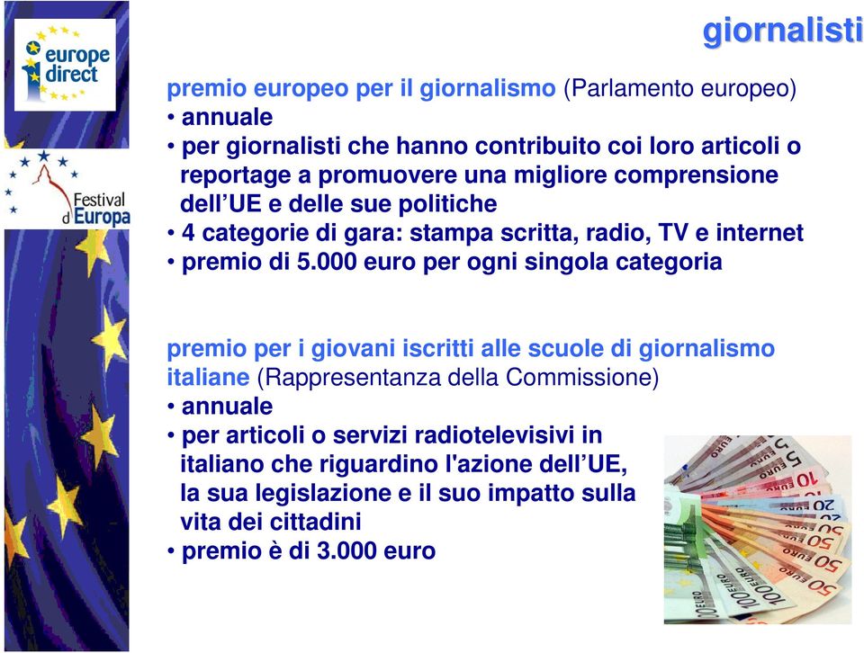 000 euro per ogni singola categoria premio per i giovani iscritti alle scuole di giornalismo italiane (Rappresentanza della Commissione) annuale per