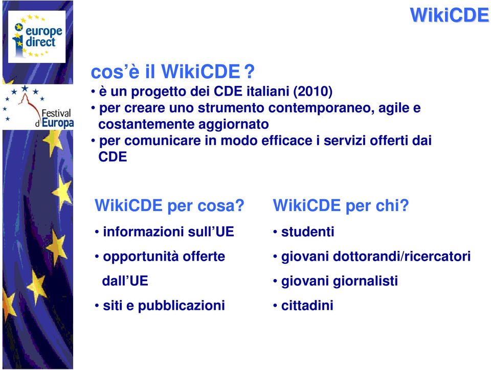 costantemente aggiornato per comunicare in modo efficace i servizi offerti dai CDE WikiCDE