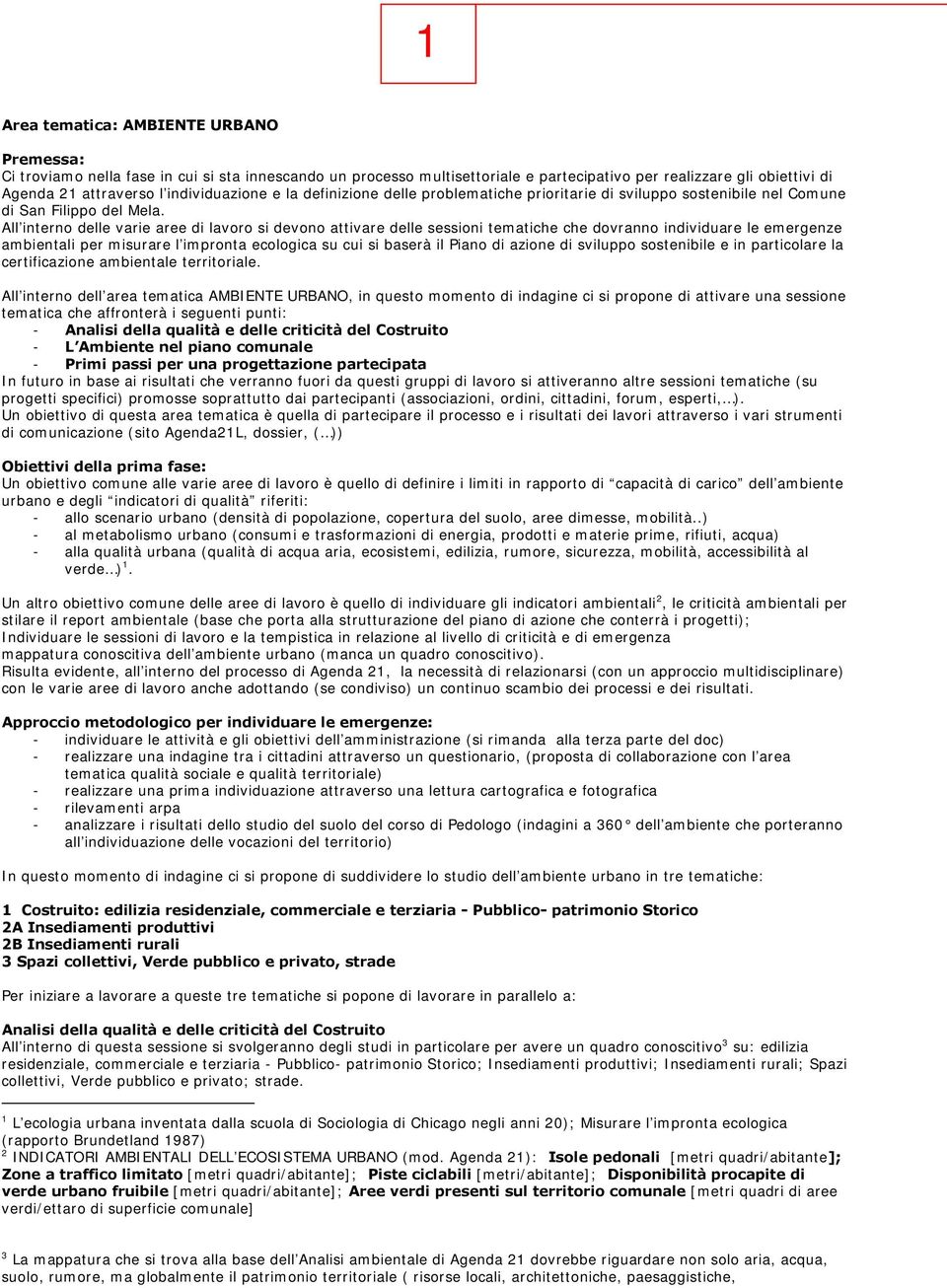 All interno delle varie aree di lavoro si devono attivare delle sessioni tematiche che dovranno individuare le emergenze ambientali per misurare l impronta ecologica su cui si baserà il Piano di