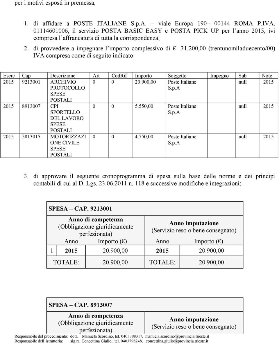 200,00 (trentunomiladuecento/00) IVA compresa come di seguito indicato: Eserc Cap Descrizione Art CodRif Importo Soggetto Impegno Sub Note 2015 9213001 ARCHIVIO PROTOCOLLO 0 0 20.