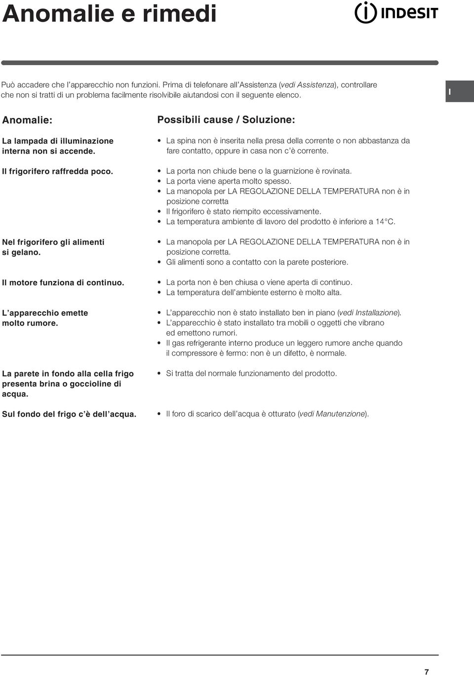 Anomalie: La lampada di illuminazione interna non si accende. l frigorifero raffredda poco. Nel frigorifero gli alimenti si gelano. l motore funziona di continuo. L apparecchio emette molto rumore.